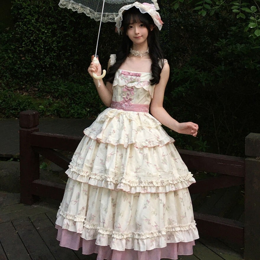 ロリータファッション 甘ロリ生成り小花柄ロングジャンパースカート