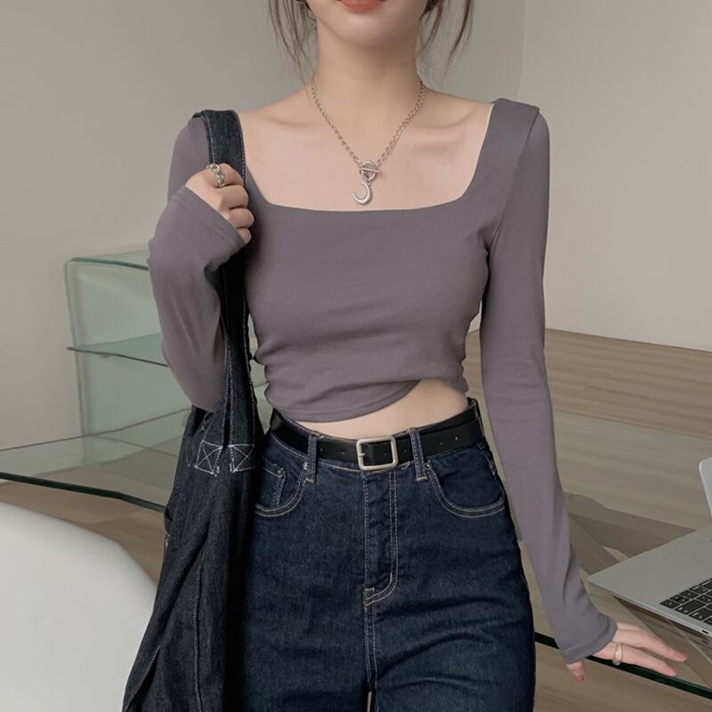 レッドTシャツ スプリングスリムカラーショートトップス 春物 スクウェア 試着室39956347993