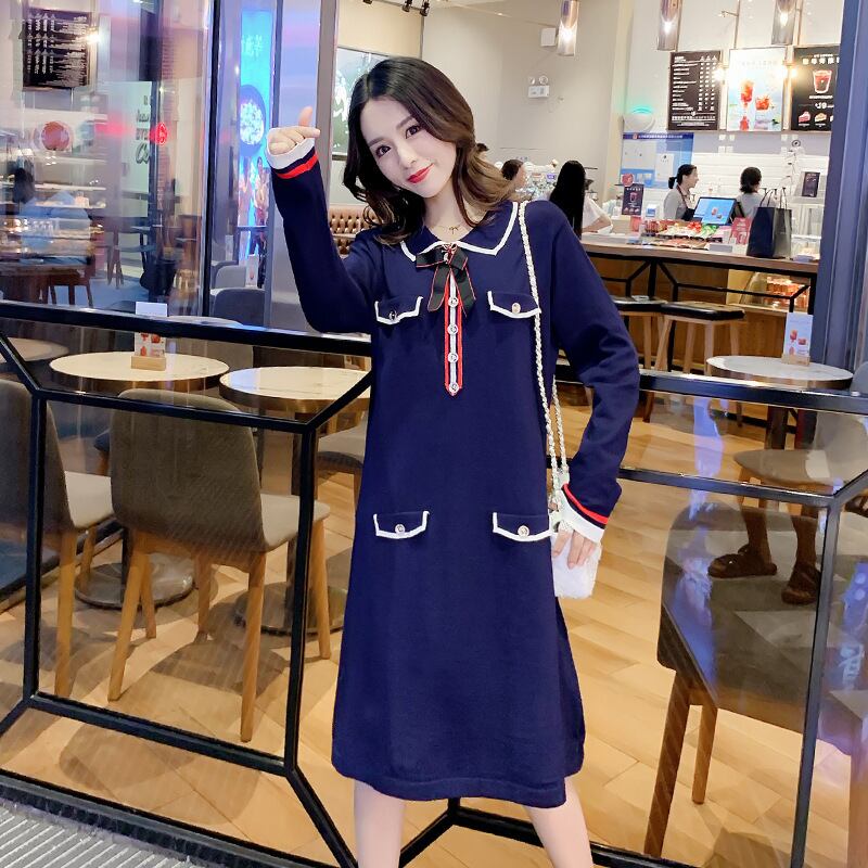 【新作】【送料無料】 マタニティウェア2020秋と冬の新しいニットラペルボウドレス、年齢を減らすミドル丈のファッションマタニティドレス-アリババ リボン オータム 秋物 ウィンター 冬物 expec293094744745