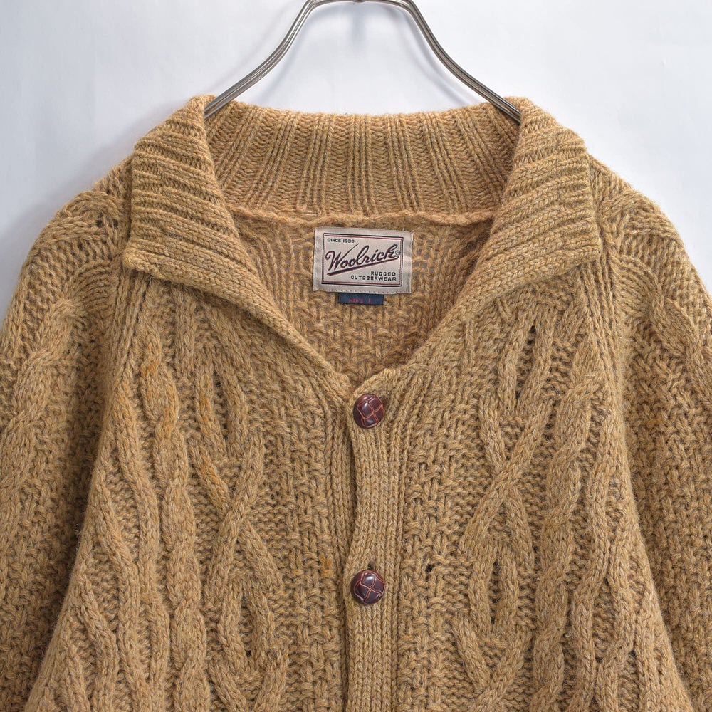 Woolrich ウールリッチ ケーブルニットカーディガン フィッシャーマン セーター アランニット ヴィンテージ ライトブラウン ビンテージ 古着 メンズXL相当