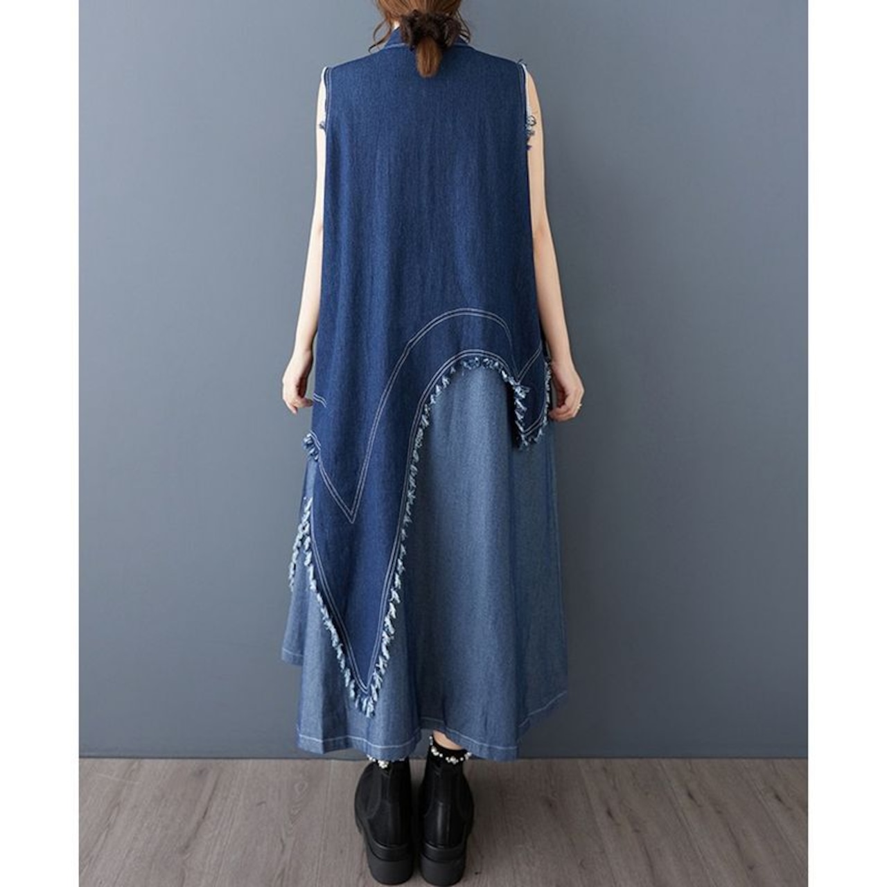 フリンジデニム ノースリーブ ワンピース 00195