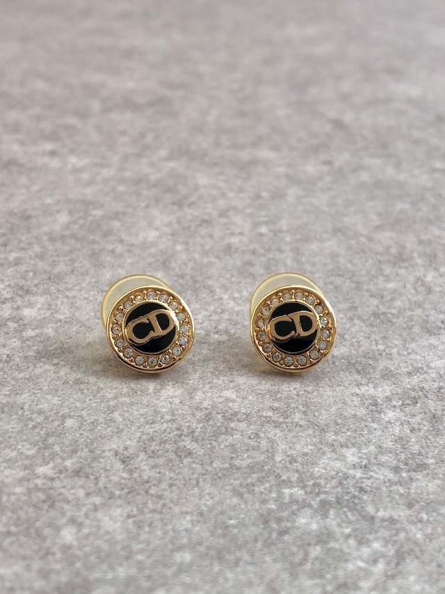 Christian Dior クリスチャン ディオール ピアス ゴールド×ブラック CDロゴ ラインストーン vintage ヴィンテージ オールド twgnkz