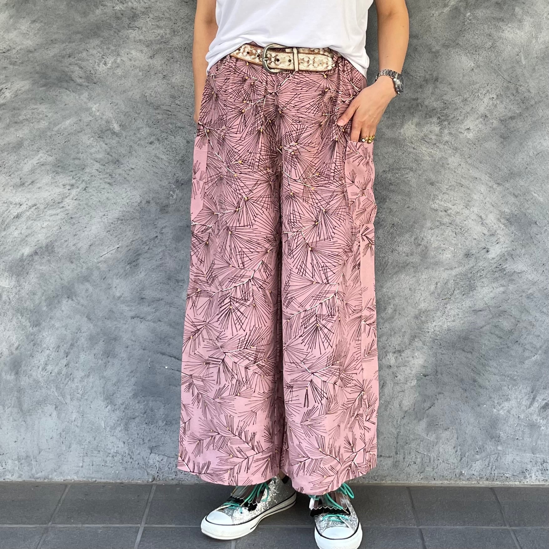 着物リメイクワイドパンツ - kimono elastic waist pants