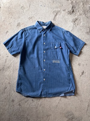 10s S/DOUBLE × BEAMS/Log embroidery S/S Shirt/M/刺繍ロゴ半袖シャツ/インディゴ/ビ－ムス別注/エスダブル
