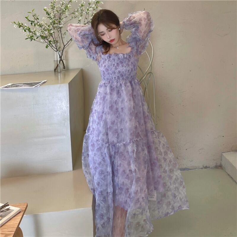 フローラルドレス サマーカラースリーブウェストスカート 大人ガーリー スウィート キュート カジュアル 夏物 花柄 スクウェア YY-ファッション6367767462