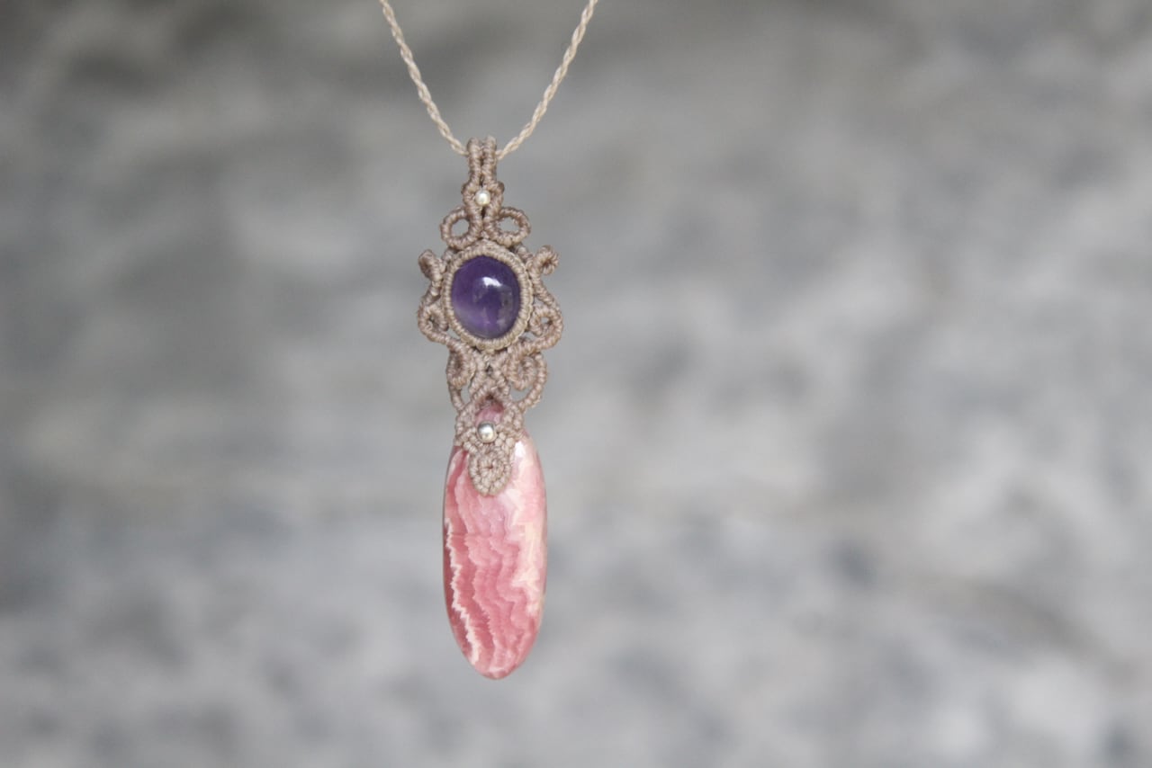 Rhodochrosite  & Amethyst micro macrame  pendant