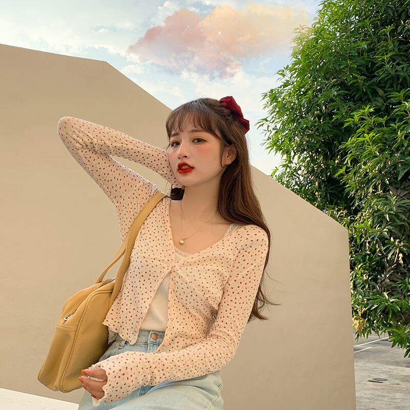 スウィートフローラルウエスタンスタイルショートスリムカーディガンジャケットレディース2020秋新作Vネック長袖セータートップ ブラックストロベリース87983259936