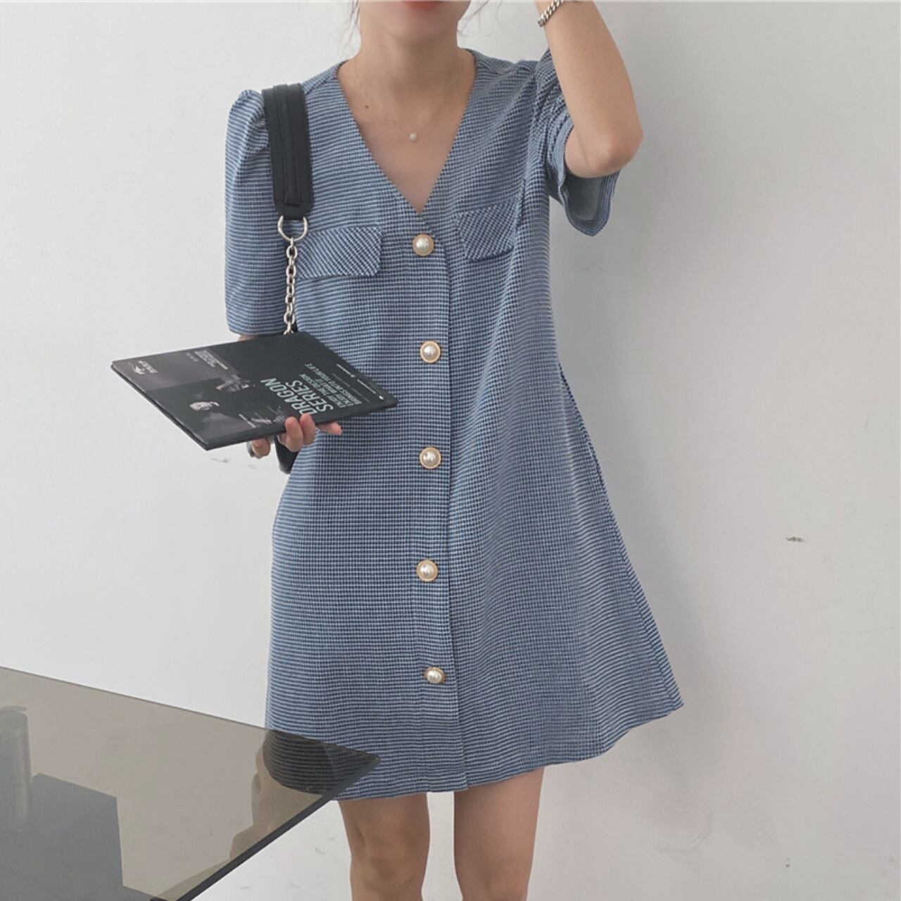 レトロ パールボタン ワンピース-ブルー