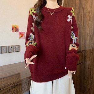 2色/フラワー刺繍ニットプルオーバー ・73623 2色/フラワー刺繍ニットプルオーバー ・73623