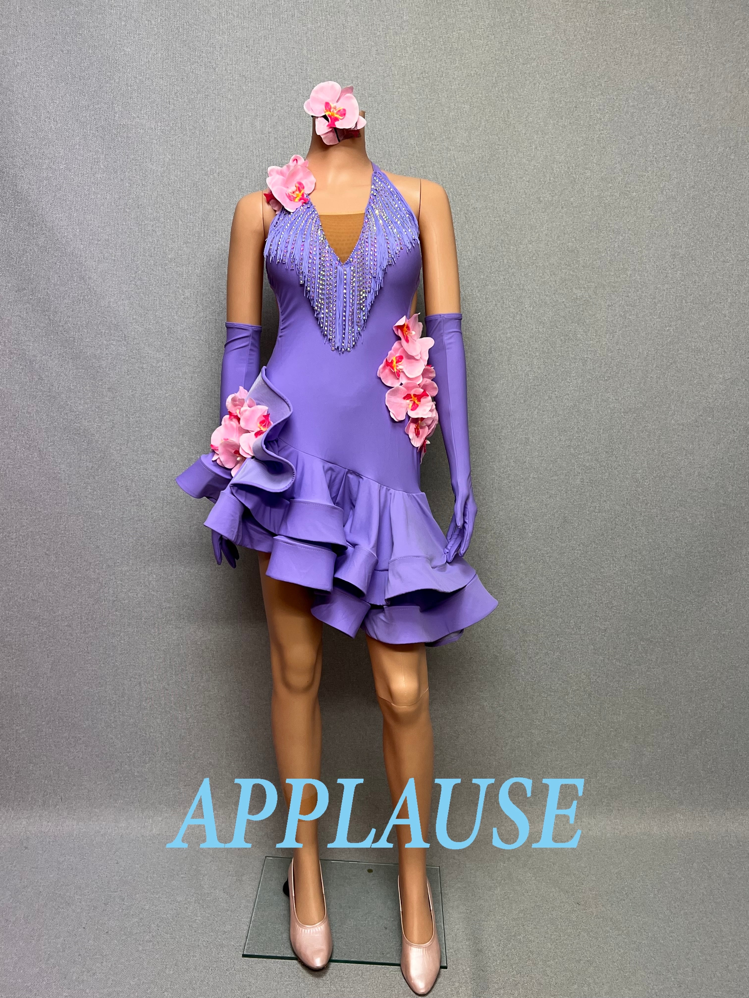 【新着】社交ダンス ドレス　ラテンドレス　ラベンダー（ピンクフラワー）　M   LA-26-2　  デモ・競技用ドレス　発表会衣装　パーティドレス　ワンピース　舞台衣装