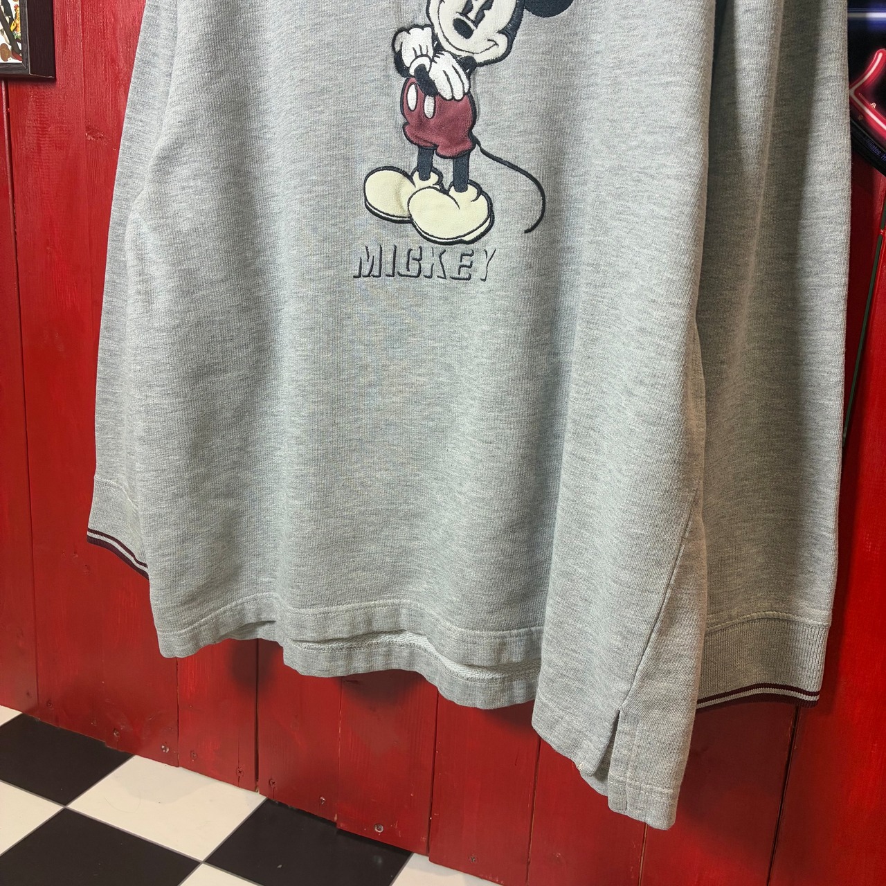 90s MICKEY UNLIMITED スウェット　Vネック　リブライン　グレー　ミッキー　M