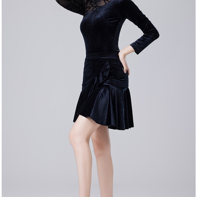 ロングスリーブ モックネック フレア ミニワンピースドレス ds1025