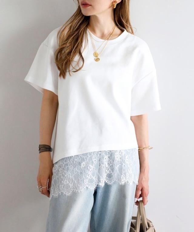 アシメ裾花柄レースTシャツ