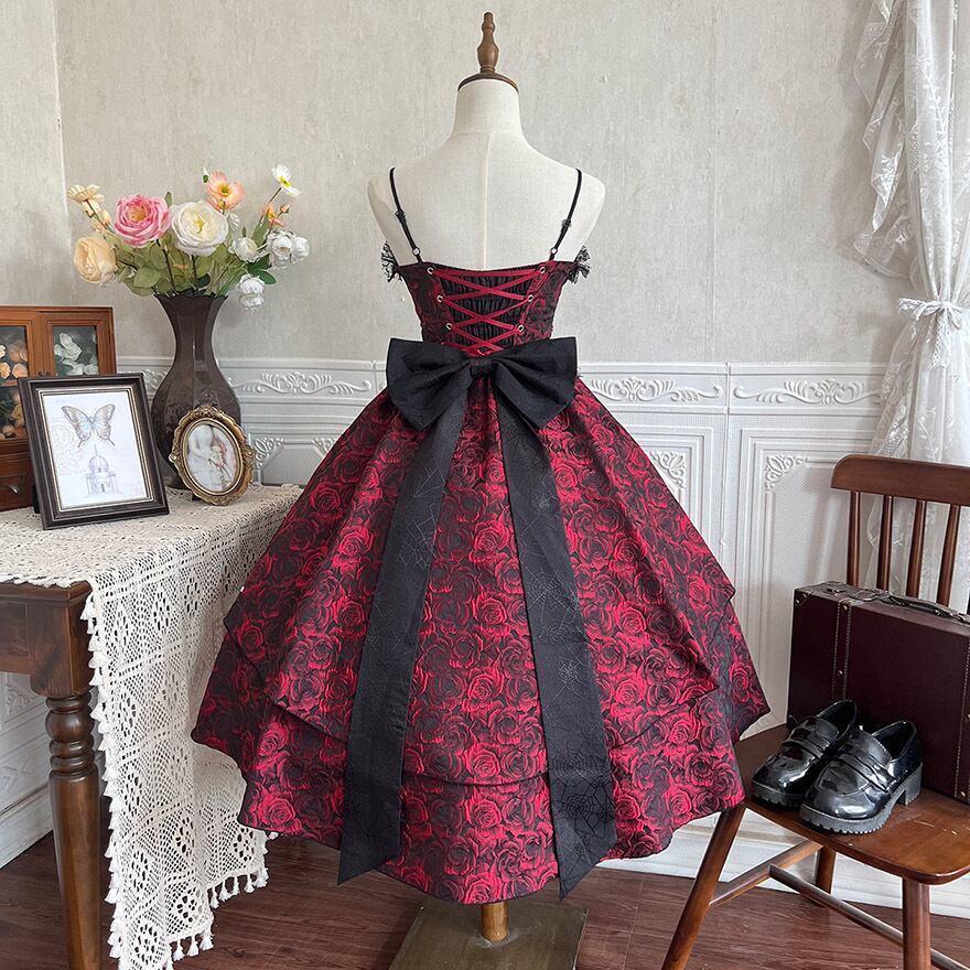 ロリータファッション 深紅の薔薇レースゴスロリロングワンピース