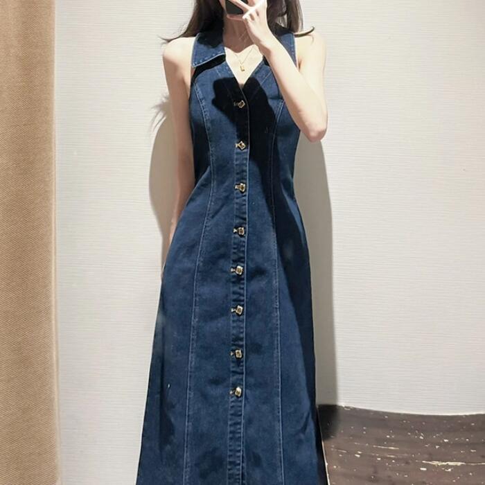デニム ワンピース ノースリーブ ティアード 上品 エレガント 37310f7a947d64ea506f81ed190d92