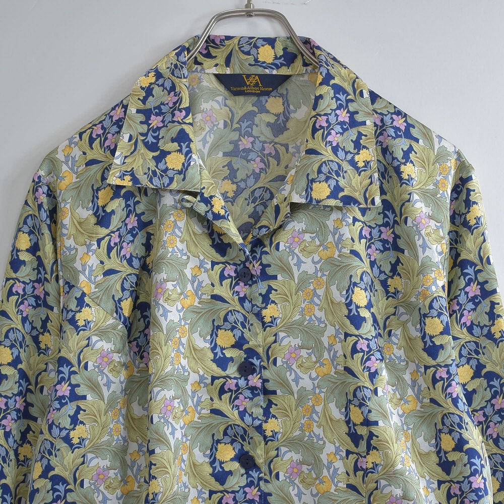 90s 日本製 V&A Museum LONDON フローラルパターン 開襟シャツ ジャパンヴィンテージ オープンカラー ビンテージ 国産古着 レディースL~相当