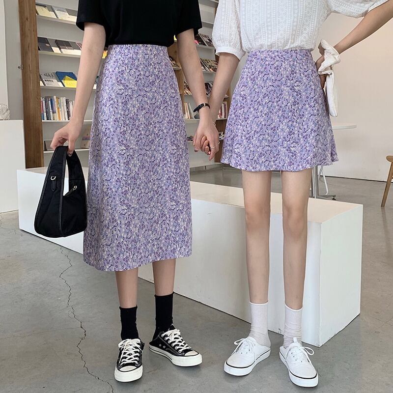サマーレッドスカート フローラルシフォンAラインハイウェストウェスト 夏物 花柄 パープル 1号婦人25427060301