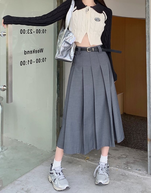 ロングスカート プリーツ おしゃれ かわいい グレー Aライン ストリート オルチャン 韓国ファッション 477