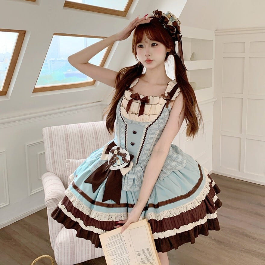 甘ロリ チョコミント配色 小帽子付きジャンパースカート（バック