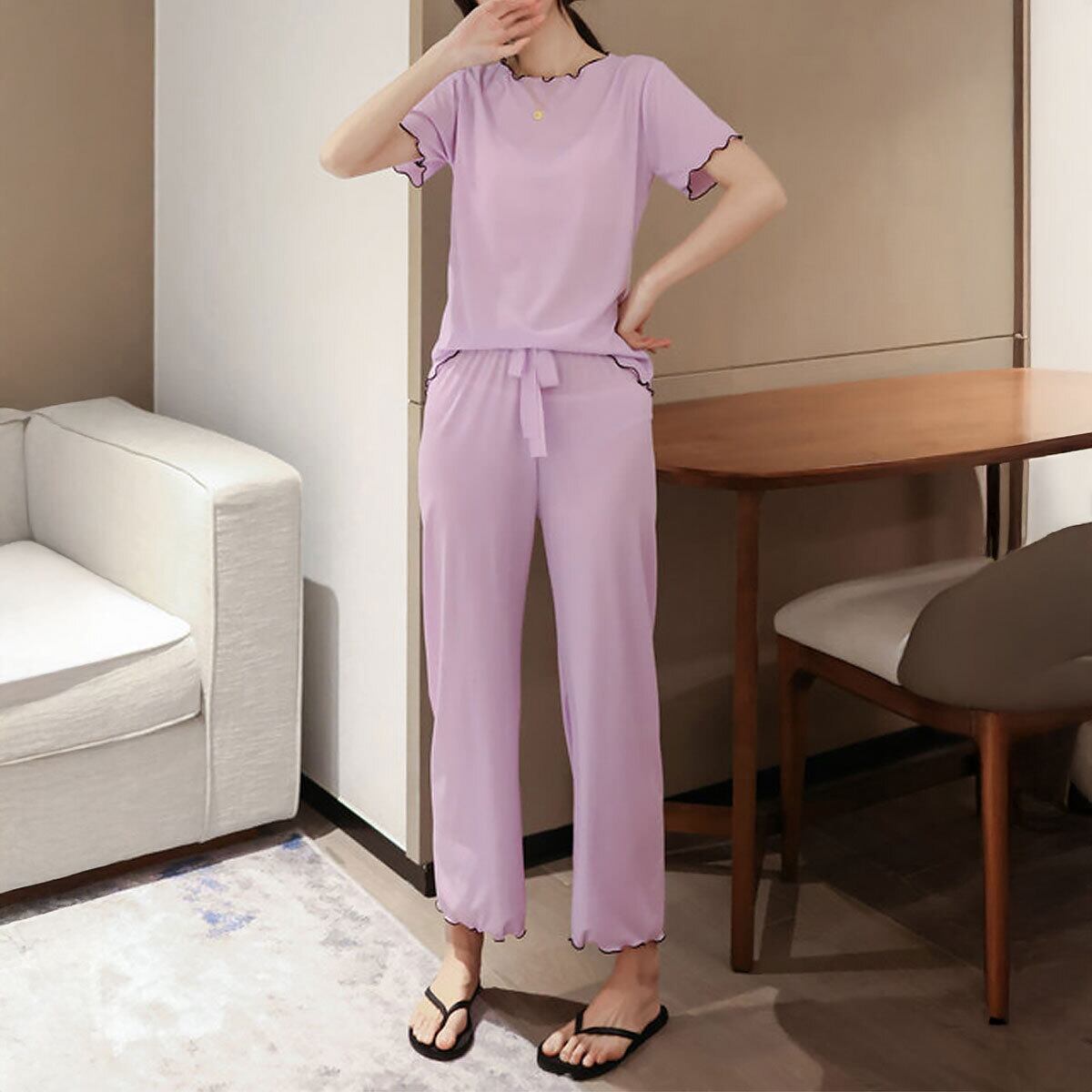 パジャマ セットアップ レディース 春夏 韓国 ルームウェア 接触冷感 リラックス 涼しい ゆったり きれいめ 部屋着 大人 かわいい メロウフリル 通気性 薄手 冷感 大人可愛い 大人女子