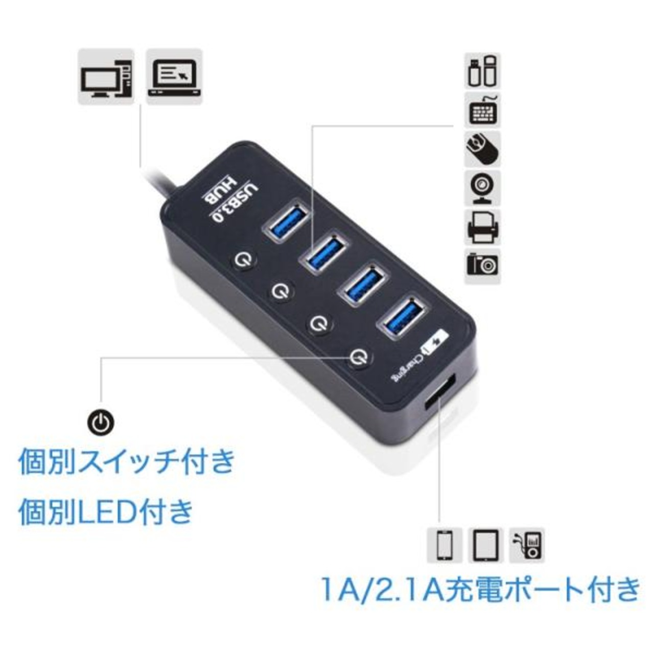 Formosa Japan USB 3.0 対応 USBハブ バスパワーで2.1A充電可 4ポート iPhone/iPad充電可能 ブラック USB3