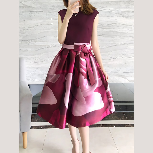 ウエストリボン ミディ丈ワンピース 1528