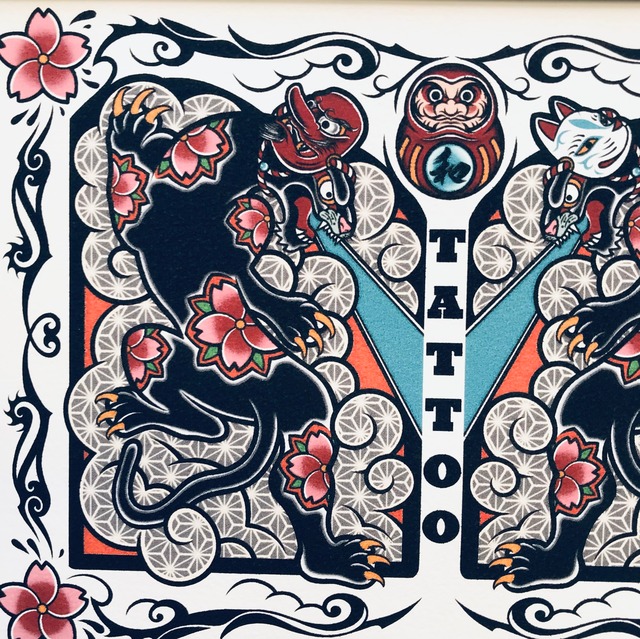 尾九 タトゥーイラスト 和柄 黒豹 天狗面 狐面 桜の花柄 サイズ 黒色フレーム qcomic 尾九 タトゥーイラスト 和柄 黒豹 天狗面 狐面 桜の花柄 サイズ 黒色フレーム qcomic