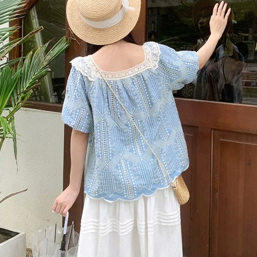 レース切り替え刺繍スカラップブラウス ・12020