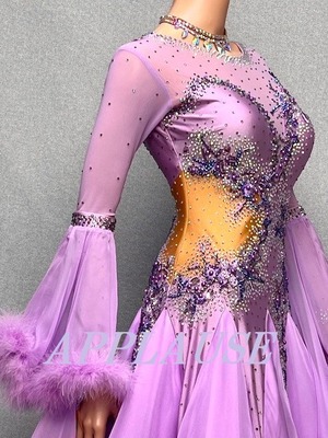 【新着】社交ダンス ドレス　スタンダード　モダンドレス　   ラベンダー（袖ファー）　M　ST-25-3   デモ・競技用ドレス　発表会衣装　パーティドレス　ワンピース　舞台衣装