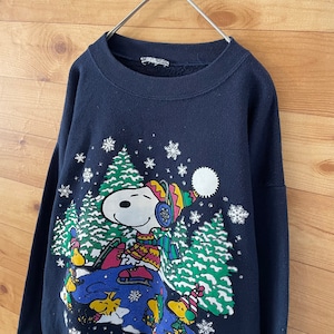 【SNOOPY】90s ピーナッツ スヌーピー スウェット 冬 雪  アイススケート イラスト アメリカ古着