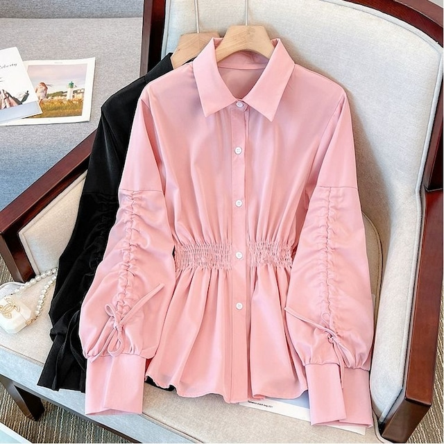 SHIRRING WAIST DRAWSTRING LONG SLEEVES DESIGN SHIRT 2colors M-8705