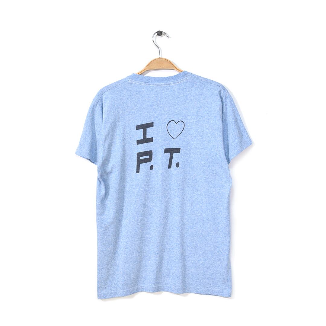 80s スクリーンスターズ バックプリント ヴィンテージTシャツ I LOVE P.T. 袖裾シングル 青霜降り サイズM相当 アメカジ 古着 @BZ0126