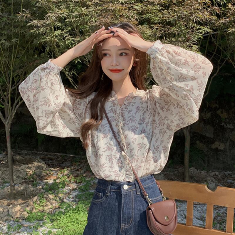 2020年新作スモールシャツバージョンの気温ソフトウィンドフローラルシフォンシャツレディース長袖フリルボトミングシャツ YY-ファッション66160337383