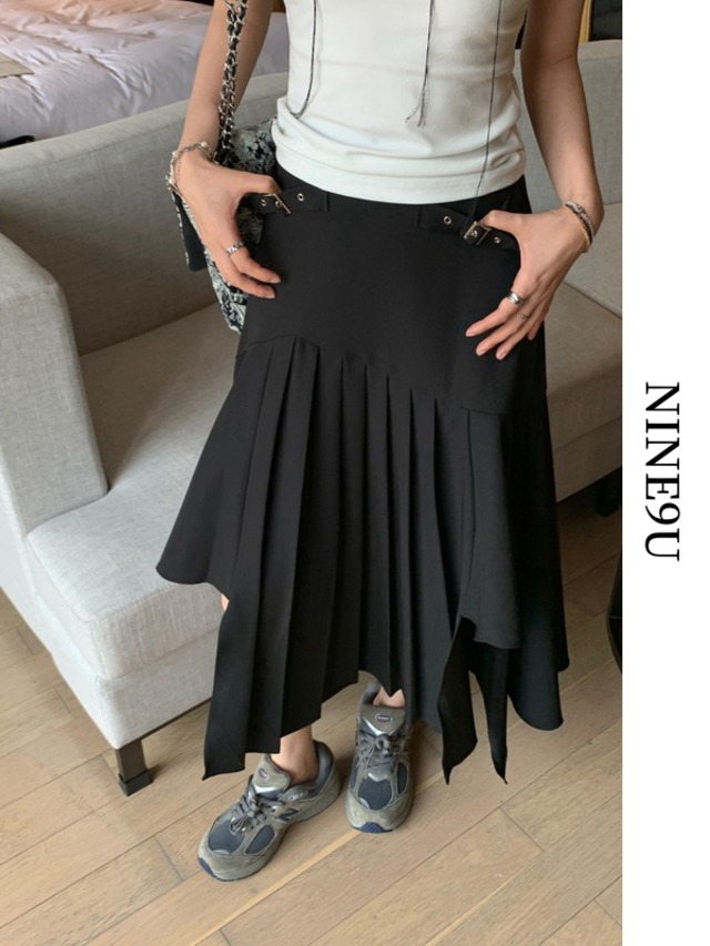pleats  slit asymmetry long-skirt【NINE6828】