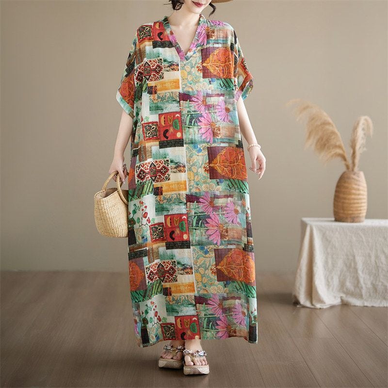 FLORAL PRINT V-NECK SHORT SLEEVE MAXI DRESS M-18045