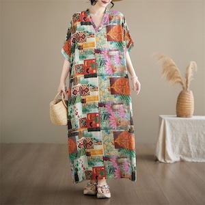 FLORAL PRINT V-NECK SHORT SLEEVE MAXI DRESS M-18045