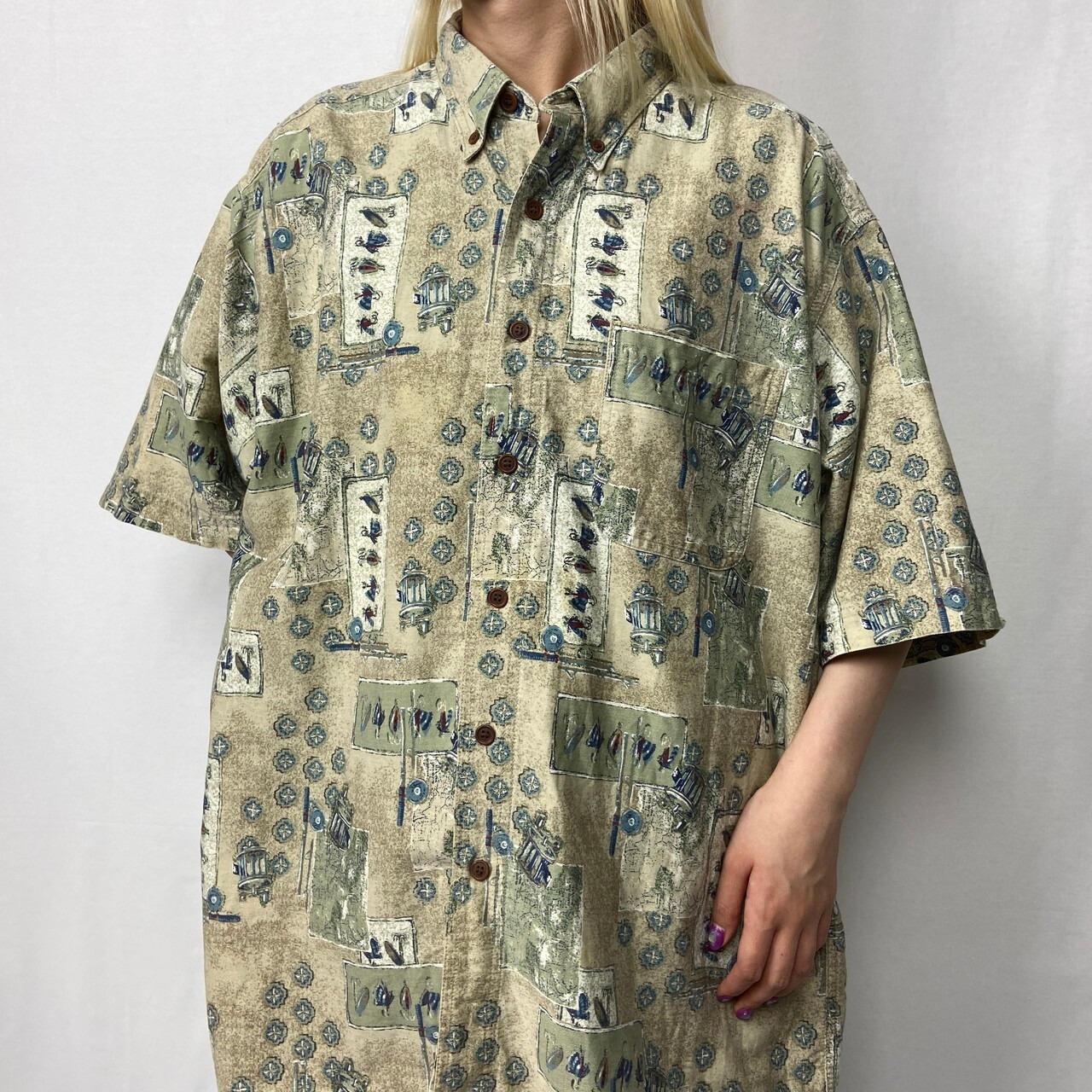 WOOLRICH ウールリッチ フィッシング 釣り 半袖 コットン 総柄シャツ 