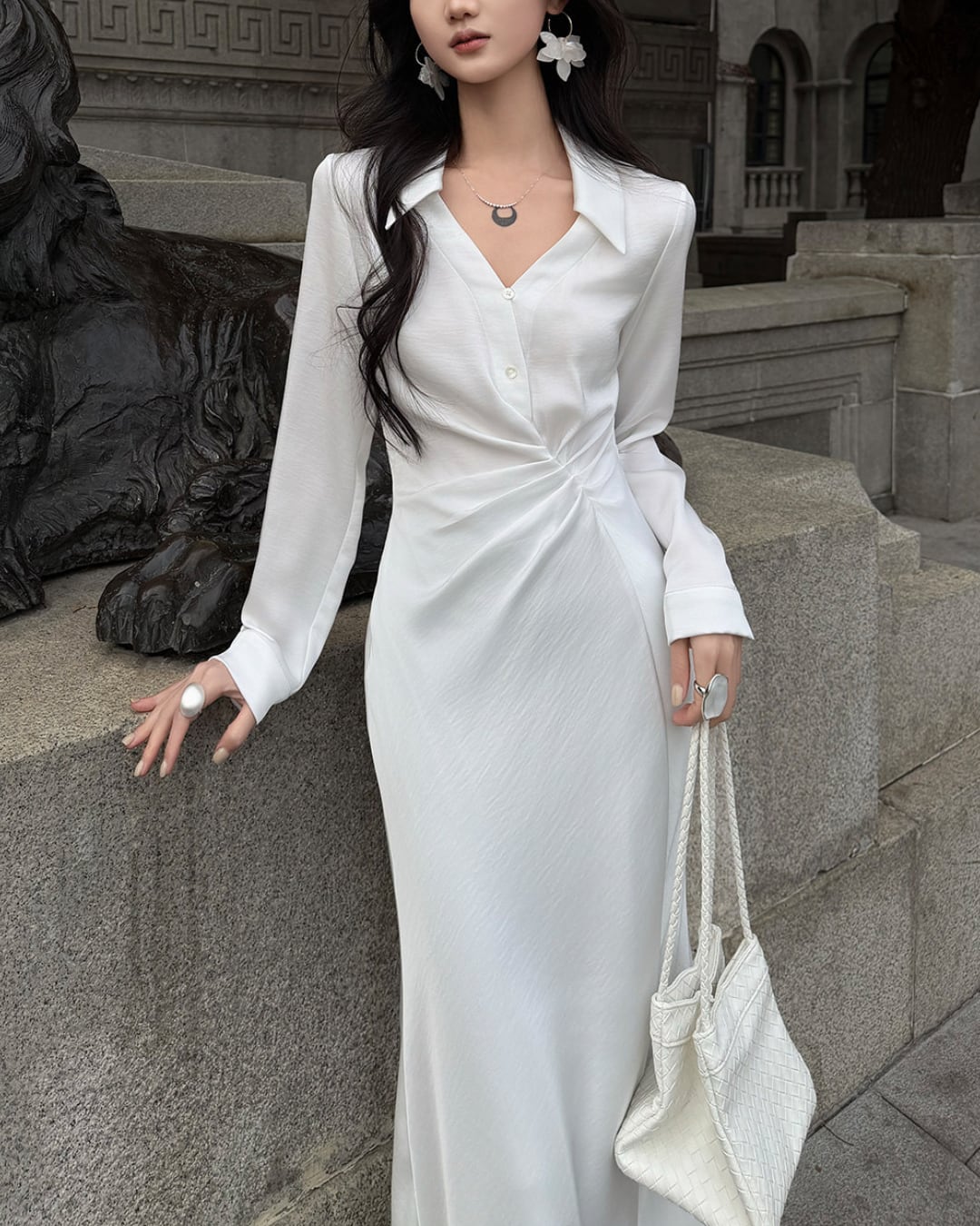 サテンライクシャツワンピース A25545