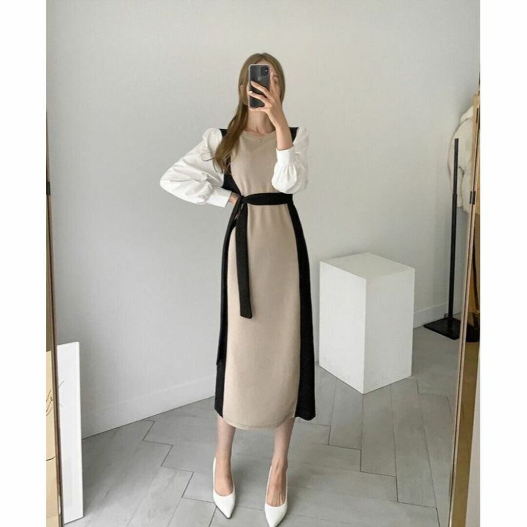 韓国シック ラウンドネックカラー マッチング ツーピースパフスリーブ