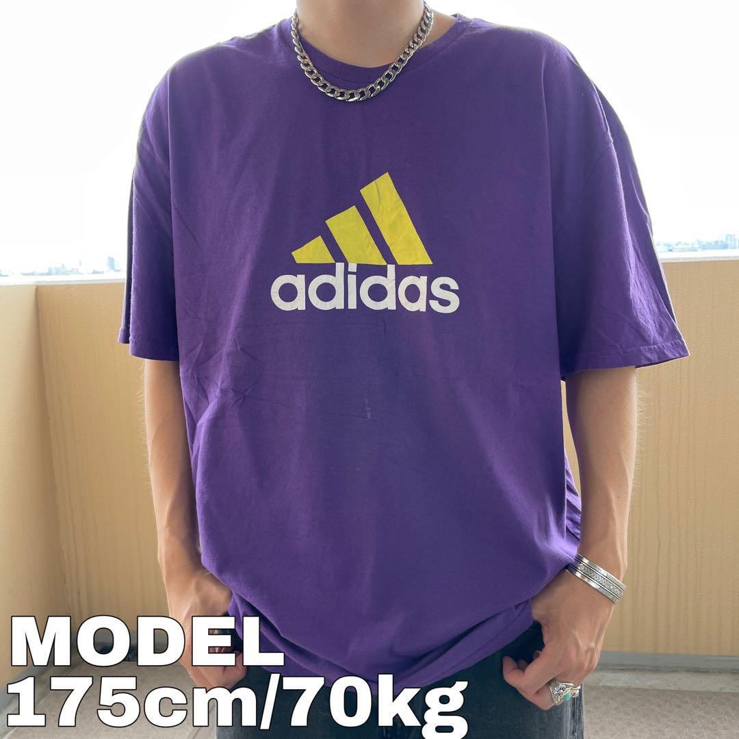 adidas アディダス ビッグロゴプリントTシャツ 2XL パープル 紫 黄色 ...