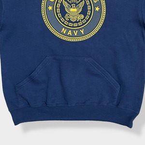 【SOFFE】USA製 ロゴ プリント UNITED STATES NAVY バックプリント パーカー プルオーバー スウェット フーディー hoodie M ネイビー ソフィー 米軍 アメリカ軍 ミリタリー us古着