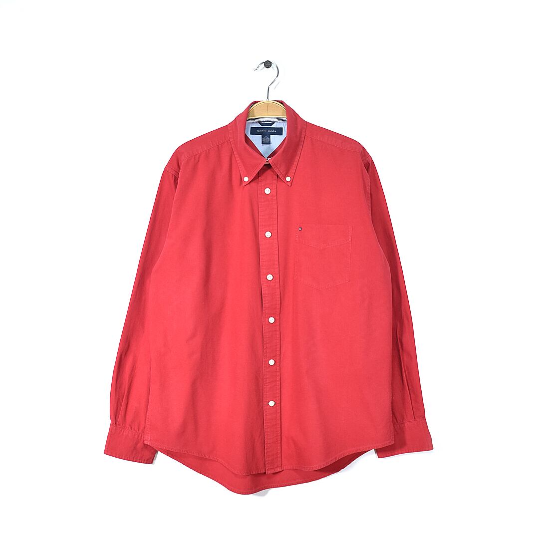 トミーヒルフィガー ボタンダウンシャツ ワンポイントロゴ 赤 レッド