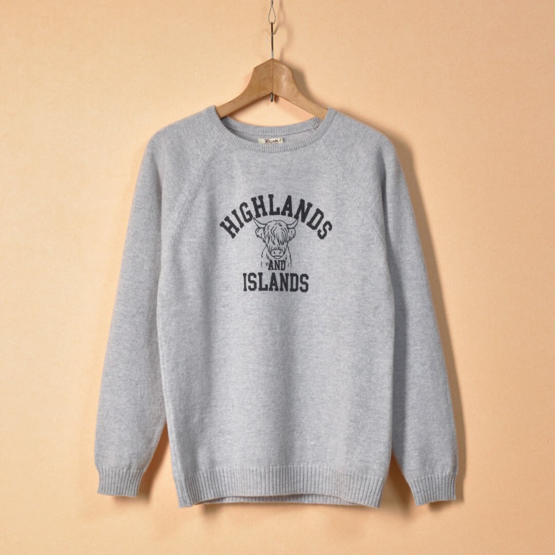 William Lockie ウイリアムロッキー ラムウールラグランプリントセーター "HIHALANDS ISLANDS"・グレイ【送料無料】