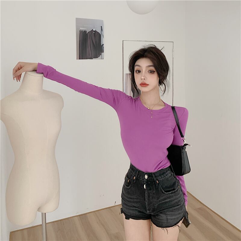 タイトフィット長袖ニットボトミングシャツレディース2020年秋新作スリムスリミングTシャツパープルインナートップインタイド ブラックストロベリース67920845276