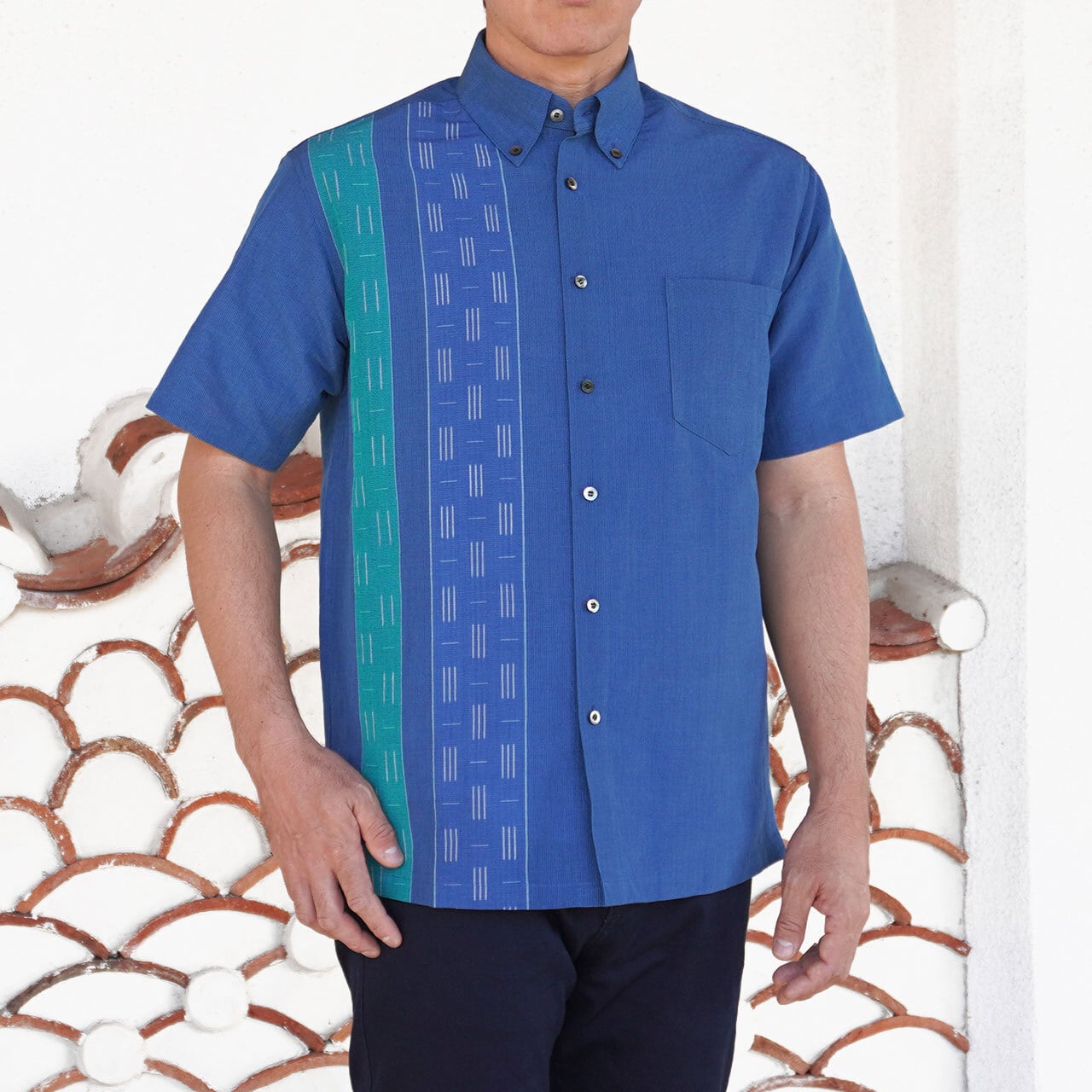 総手織り 藍ヤシラミ ボタンダウン 半袖 シャツ [ITUYO] メンズ