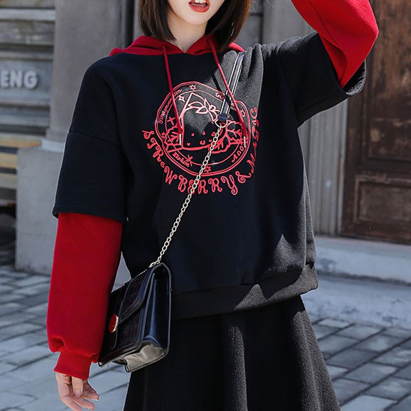 如詩如画シリーズ チャイナ風パーカー チャイナ服 裏起毛 厚て 秋冬服 S M L Ll 黒 赤 配色 重ね着風 Elegant