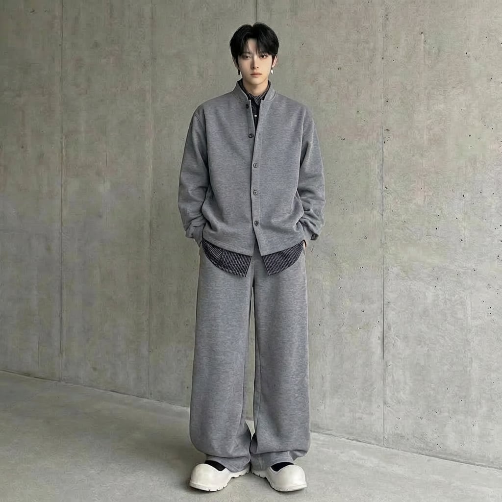 フェイクレイヤード オーバーサイズスタンドカラーセットアップ 2カラー D12247