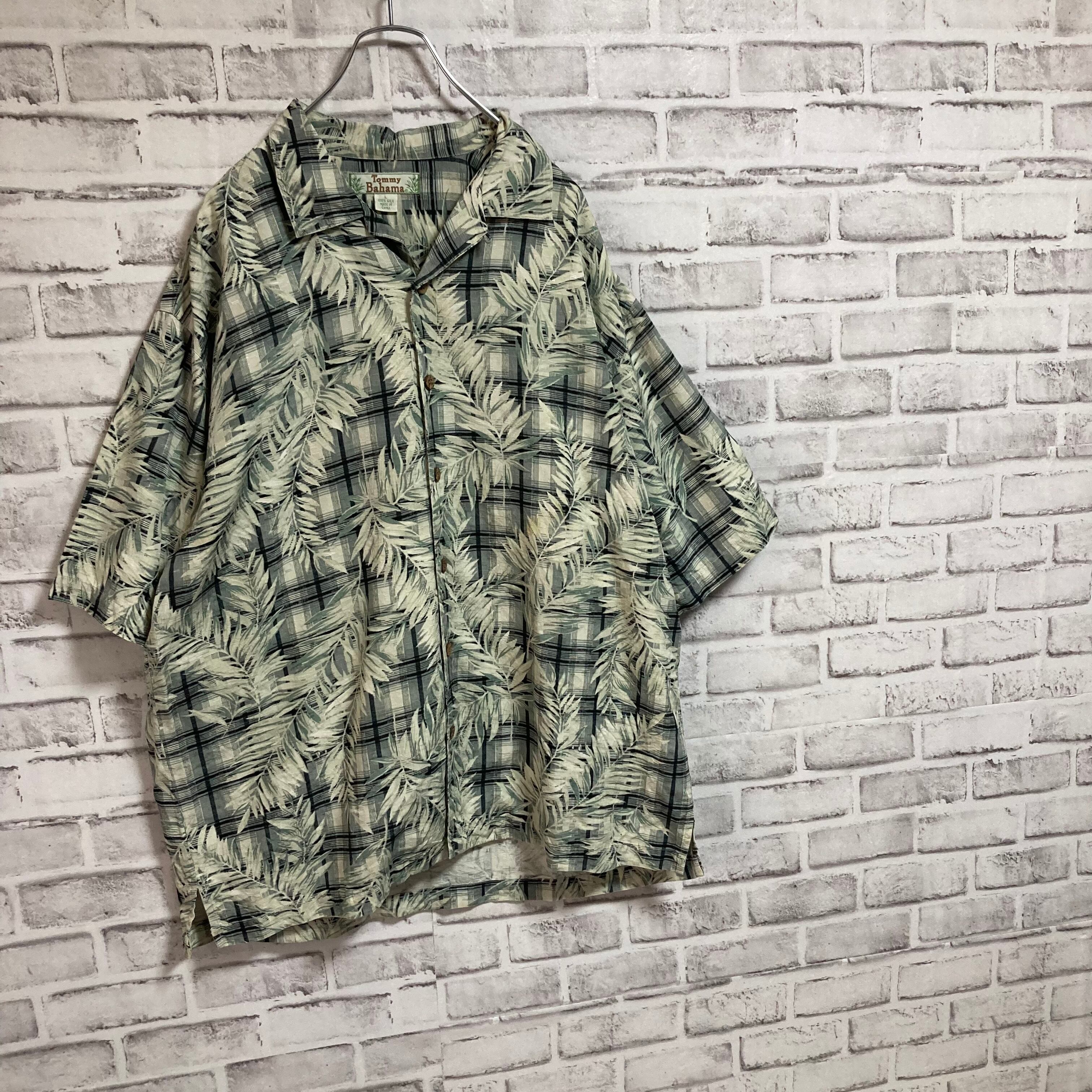 【Tommy Bahama】S/S Aloha Shirt L SILK100% アロハシャツ 柄シャツ 総柄 シルクシャツ リーフ柄 アースカラー  ココナッツボタン アメリカ USA 古着