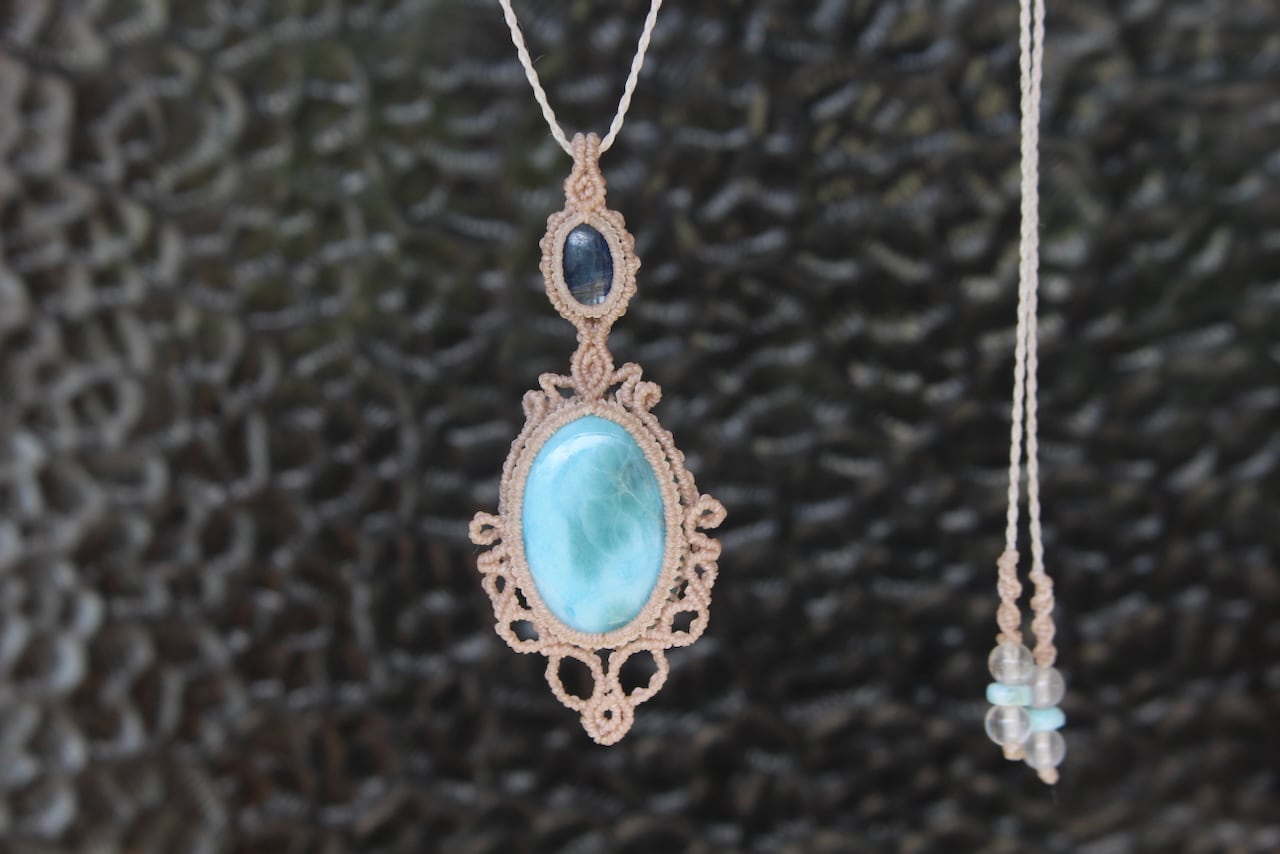Larimar & Kyanite micro macrame pendant
