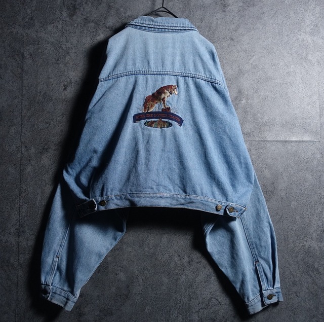 Denim Wolf Embroidery Design Short Length Trucker Jacket